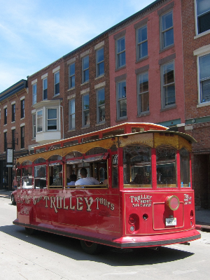 A red electric trolley